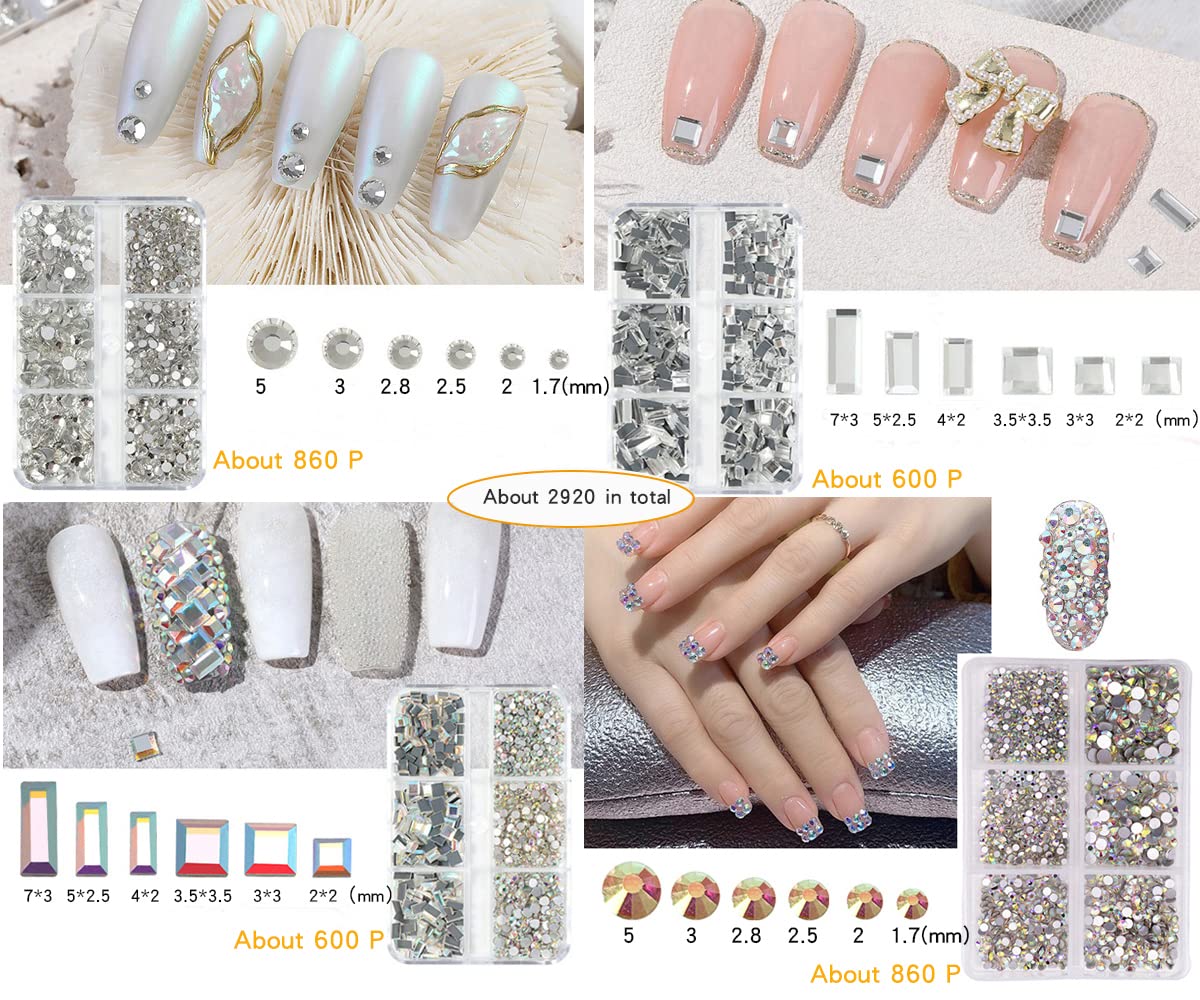 MIKOWEN Nail Art Rhinestones K9 Glass Crystal Iridescent AB Clear Flatback Diamonds for Round &Square Gems Stones Constitute in 6 Mixed Sizes Jewels Set for Nail Design Multiple 2920PCS PenTweezers