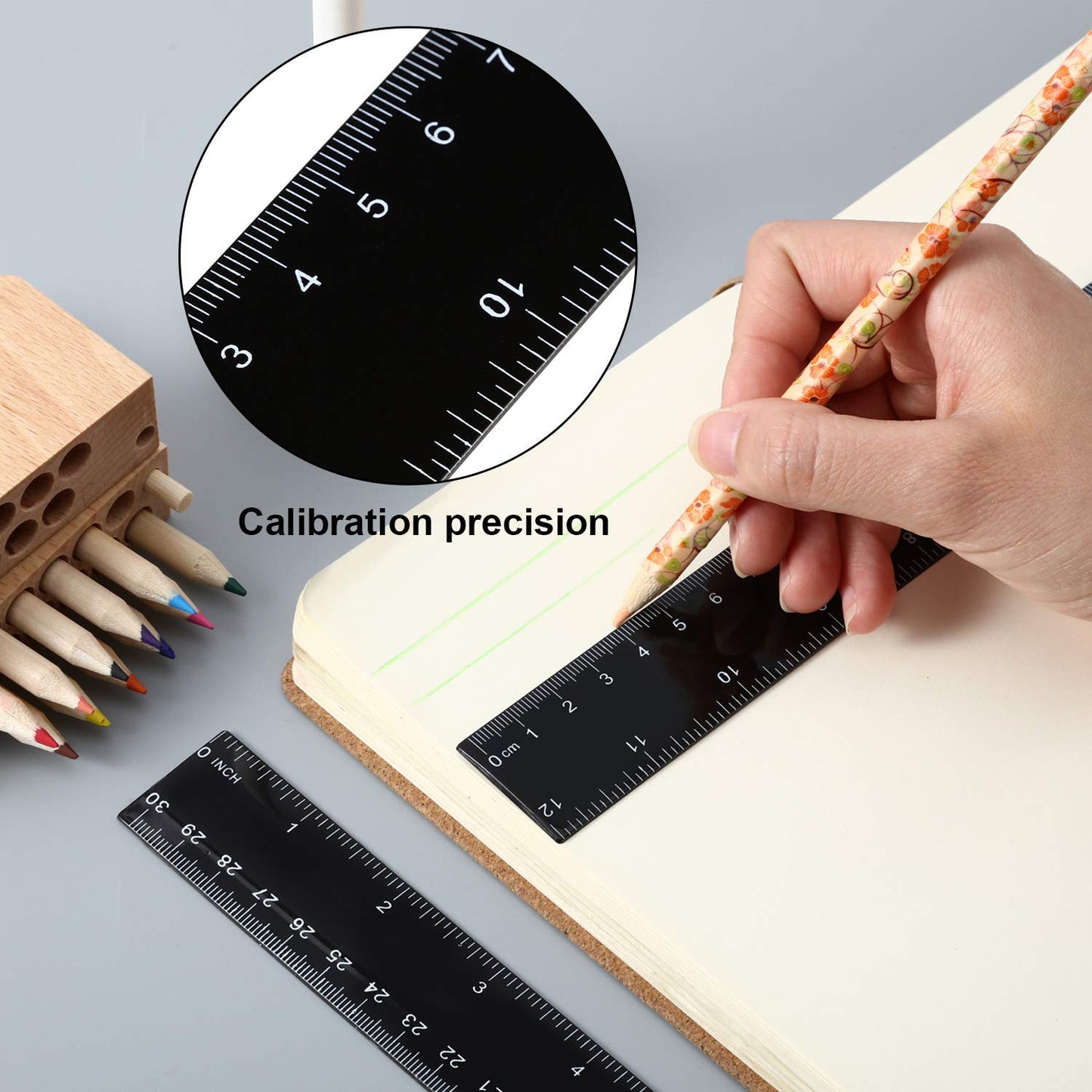 EBOOT 50 Pack 12 Inch Plastic Ruler Bulk Black Ruler for Classroom with Inches and Metric for Easy to Read Markings Design Clear for Crafting Office School Supplies Set Measuring Tools (Black)