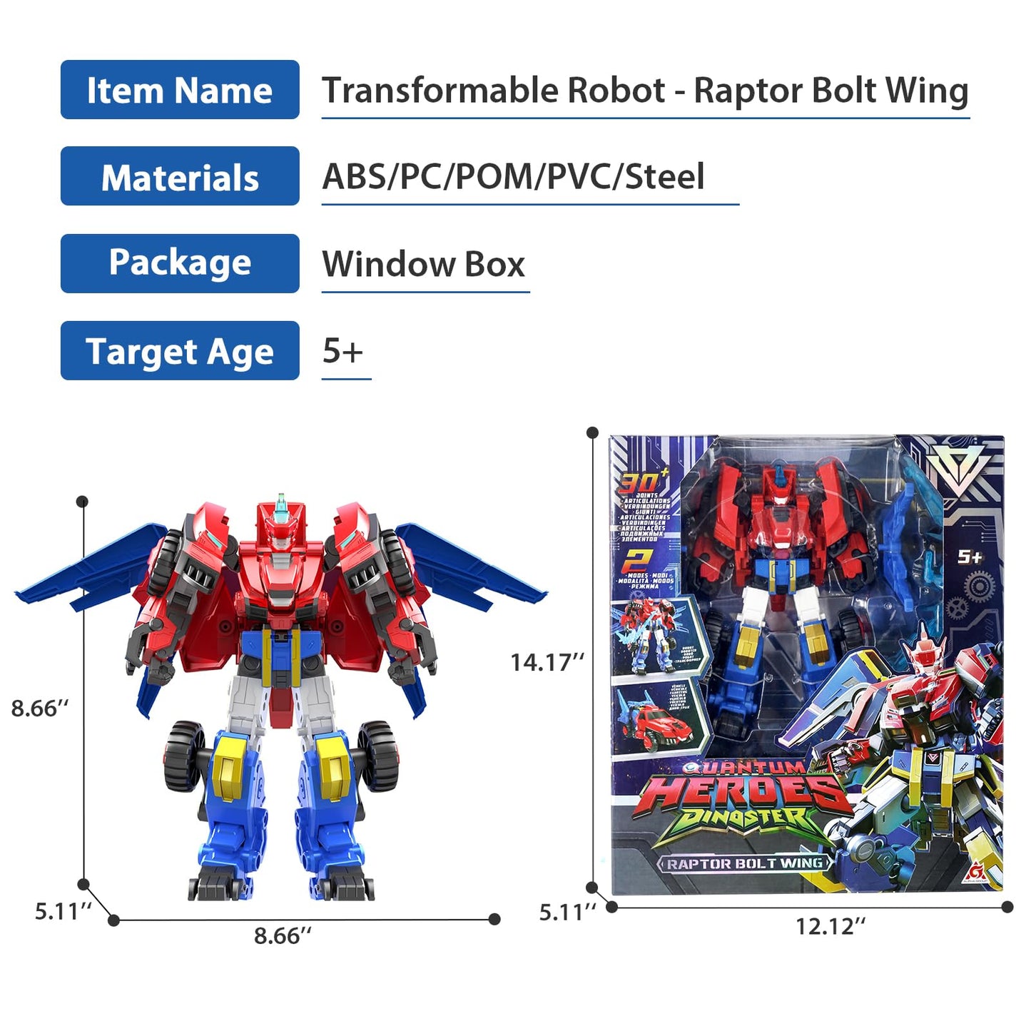 QUANTUM HEROES DINOSTER Transformable Robot 2 in 1 Raptor Bolt Wing, 8.66 inch, Transforming Robot Toy for Kids, Chariot Transforming Toy for Boys Girls 5 6 7 8 9 10 Years, Red Blue