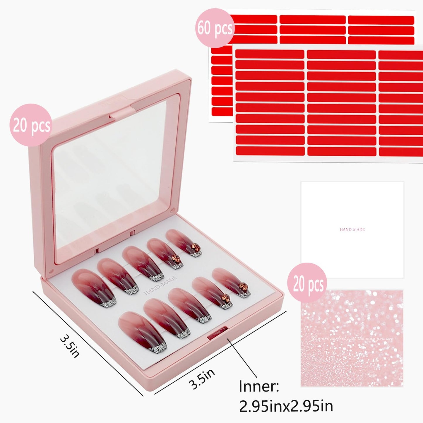 GUXACU Press On Nail Packaging Boxes - 3D Floating Storage and Display Box With 60pcs Double Sided Adhesive Tape for Nail Tech (Pink, 3.5 Inch)