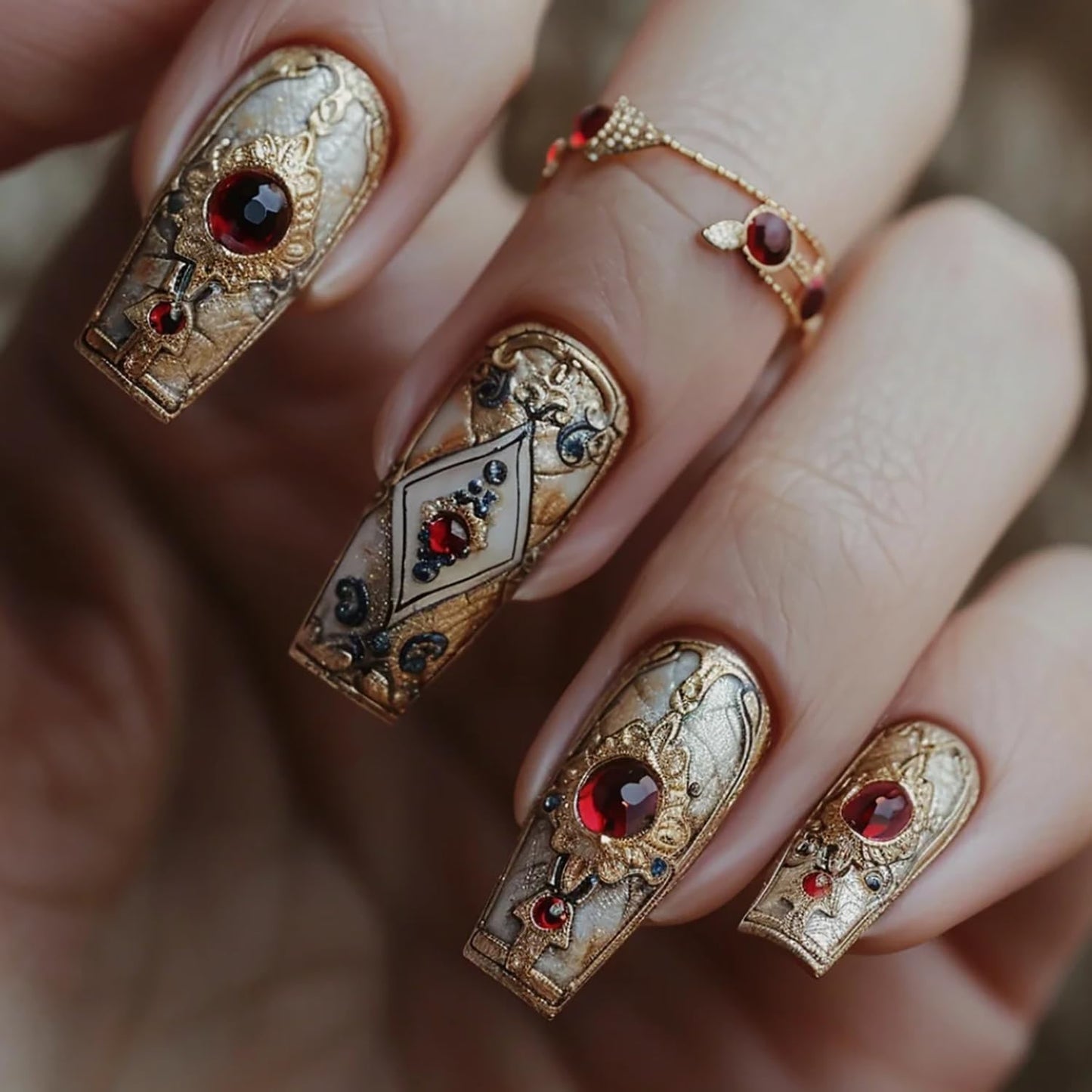 CJDLTS Press on Nails Medium Ballet Shaped Red Rhinestones Golden Totem Pattern Design Acrylic False Nail Full Cover Glossy Artificial Fingernails 24Pcs Reusable Glue on Nails for Women