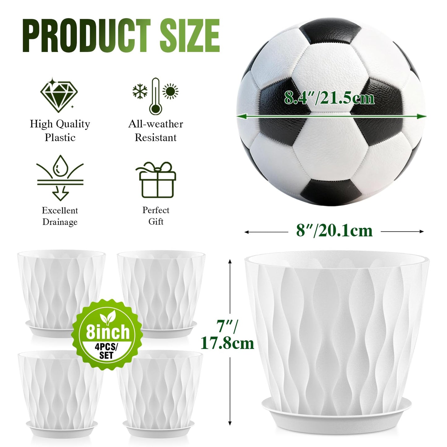 Areutxbis 8" Water Wave Plant Pots with Drainage Holes & Saucers, 4 Pack Modern Textured Medium Planters for Indoor Outdoor Plants, Decorative Flower Pots Repotting Set for Flowers, Herbs (White)