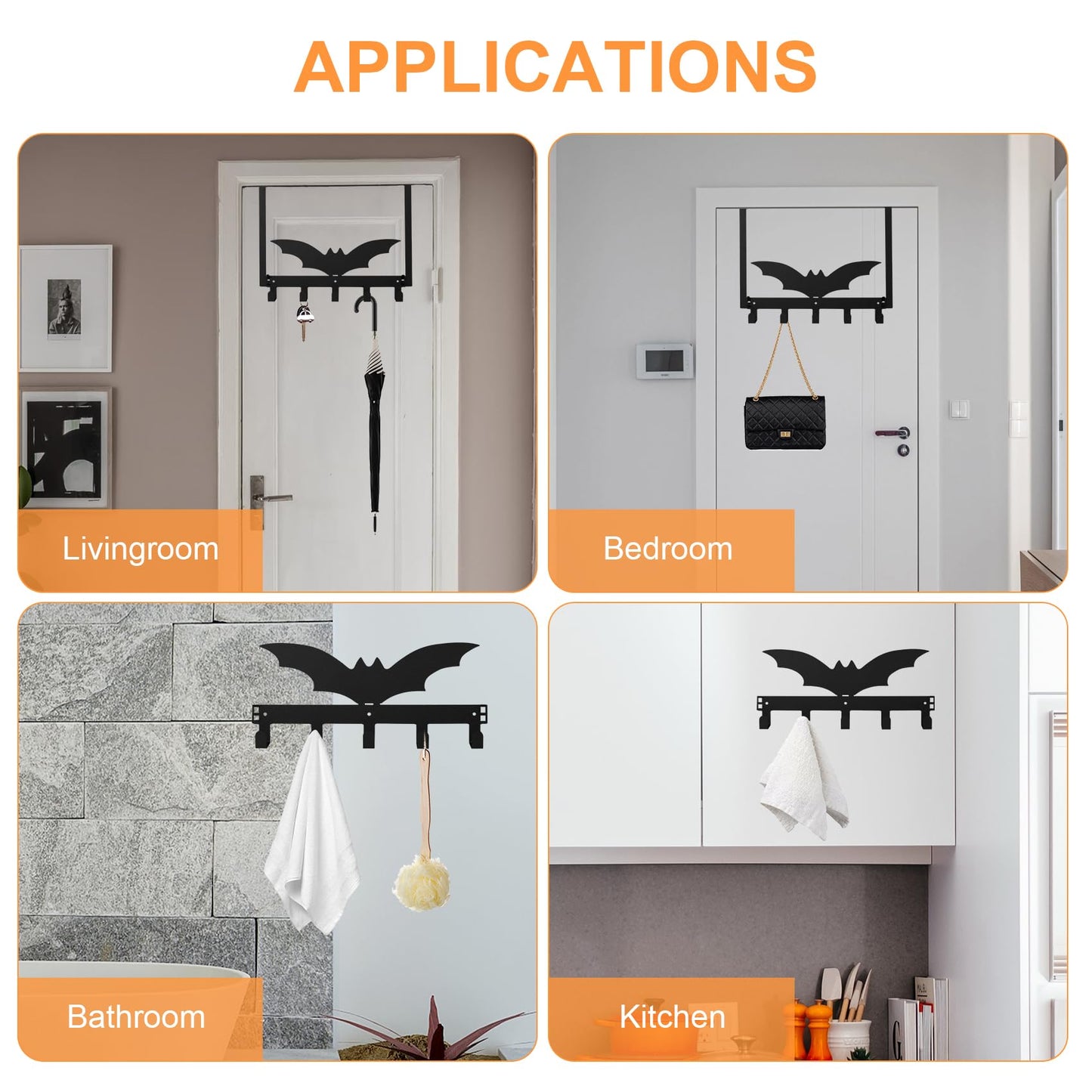 NomadSphere Bat Over The Door Hooks, Halloween Gothic Bathroom & Bedroom Decor Over Door Hanger, Wall Mount Rack for Towel, Hat, Coat, Cloth, Keychain, No Drill, 5 Hooks