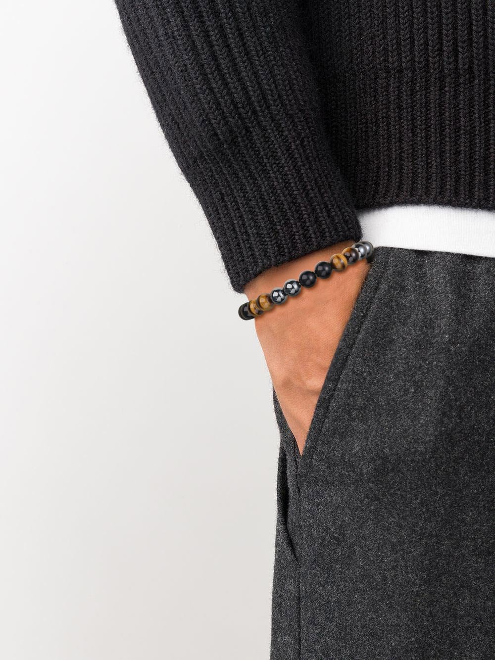 GAVU Triple Protection Bracelet, 8mm Hematite Tiger Eye Obsidian Crystal Bracelet for Men 8.9"