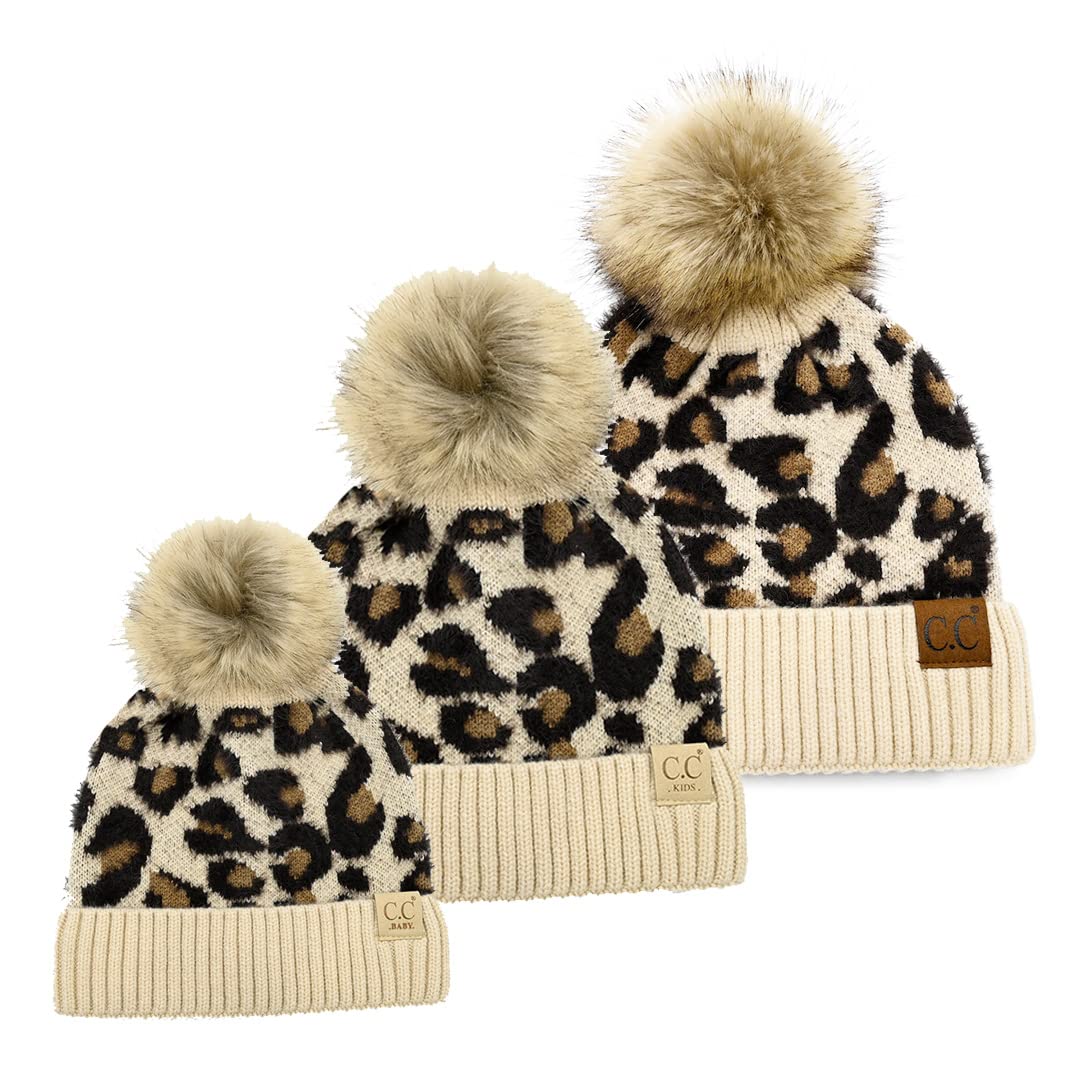 Funky Junque Matching Adult Toddler Infant POM Hat - Adult/Toddler/Infant Leopard Beige (3 Pack)