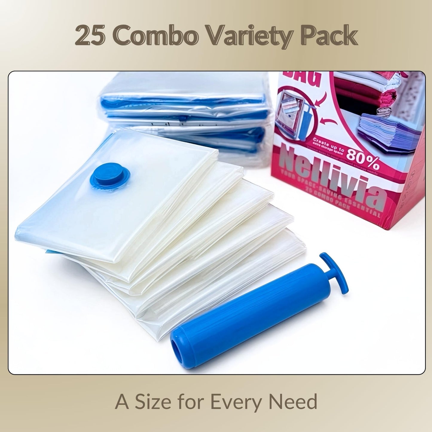25 Pack Vacuum Storage Bags with Pump, Compression Space Saver for Comforter, Bedding, Blanket Storage, Vacuum Seal Bags for Clothing, Travel Luggage Suitcase and Closet Organizer