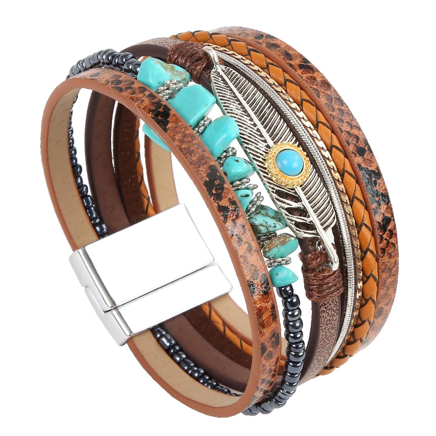 Leopard Bracelet for Women, Boho Leather Wrap Multi-Layer Pearl Crystal Bracelet Bangle Jewelry (Feather(Brown))
