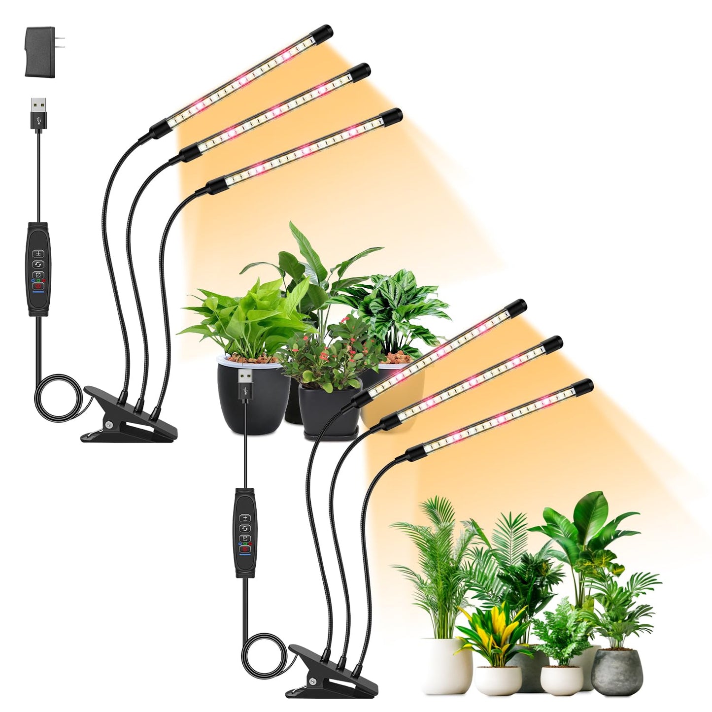 LPMZMBL Full Spectrum LED Grow Light for Indoor Plants, 3Heads Grow Lights for Seed Starting, 10 Dimmable Levels & 3 Timer Modes (3/9/12H), Adjustable 360° Gooseneck with Clip, Plant Grow Light 2 Pack