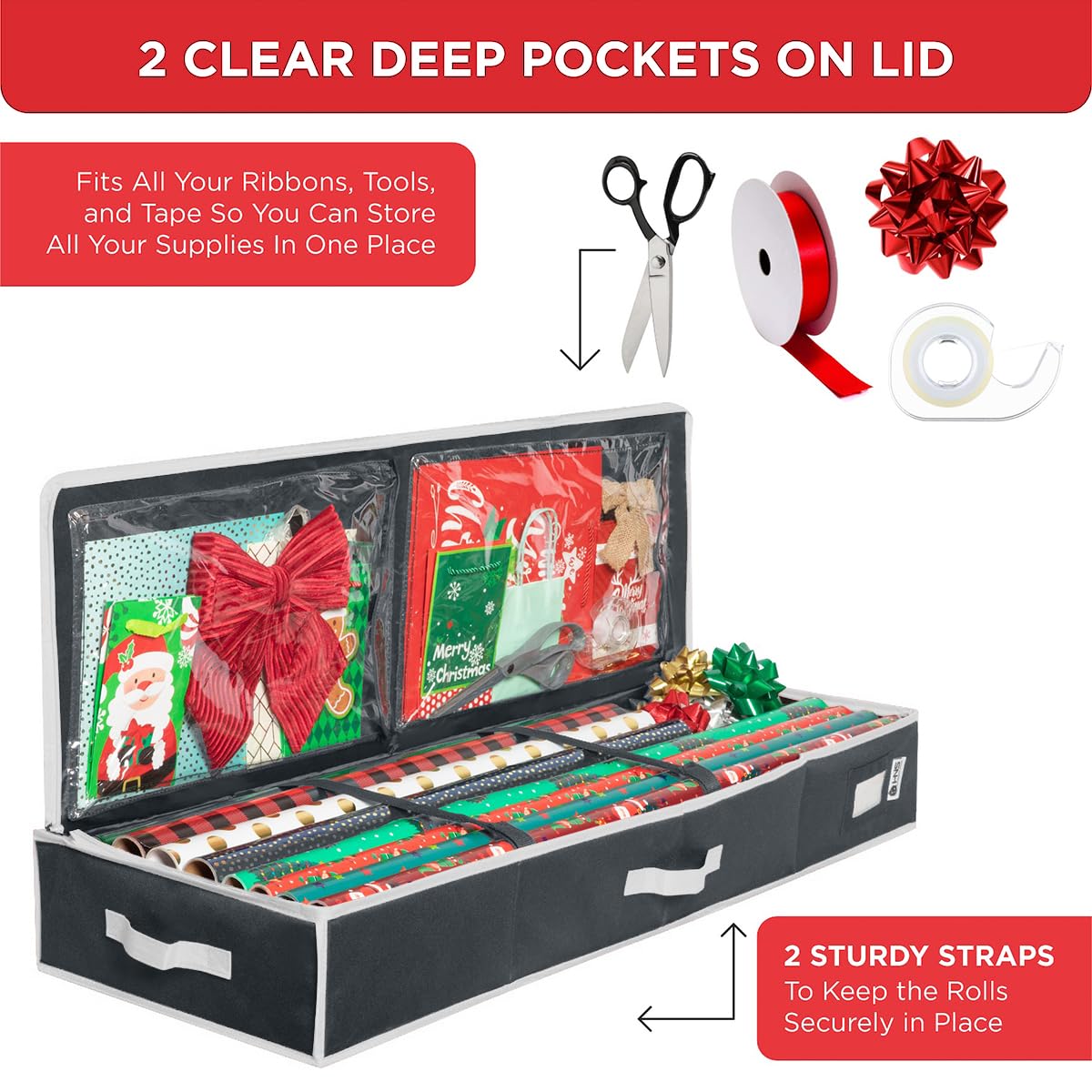 HOLDN' STORAGE Premium Wrapping Paper Storage Container - Durable 600D Tear-Proof, Fits 27 Rolls Gift Wrap, Extra Pockets for Ribbons & Bows, Underbed Storage - Ideal for Holiday Christmas, Black/White Trim