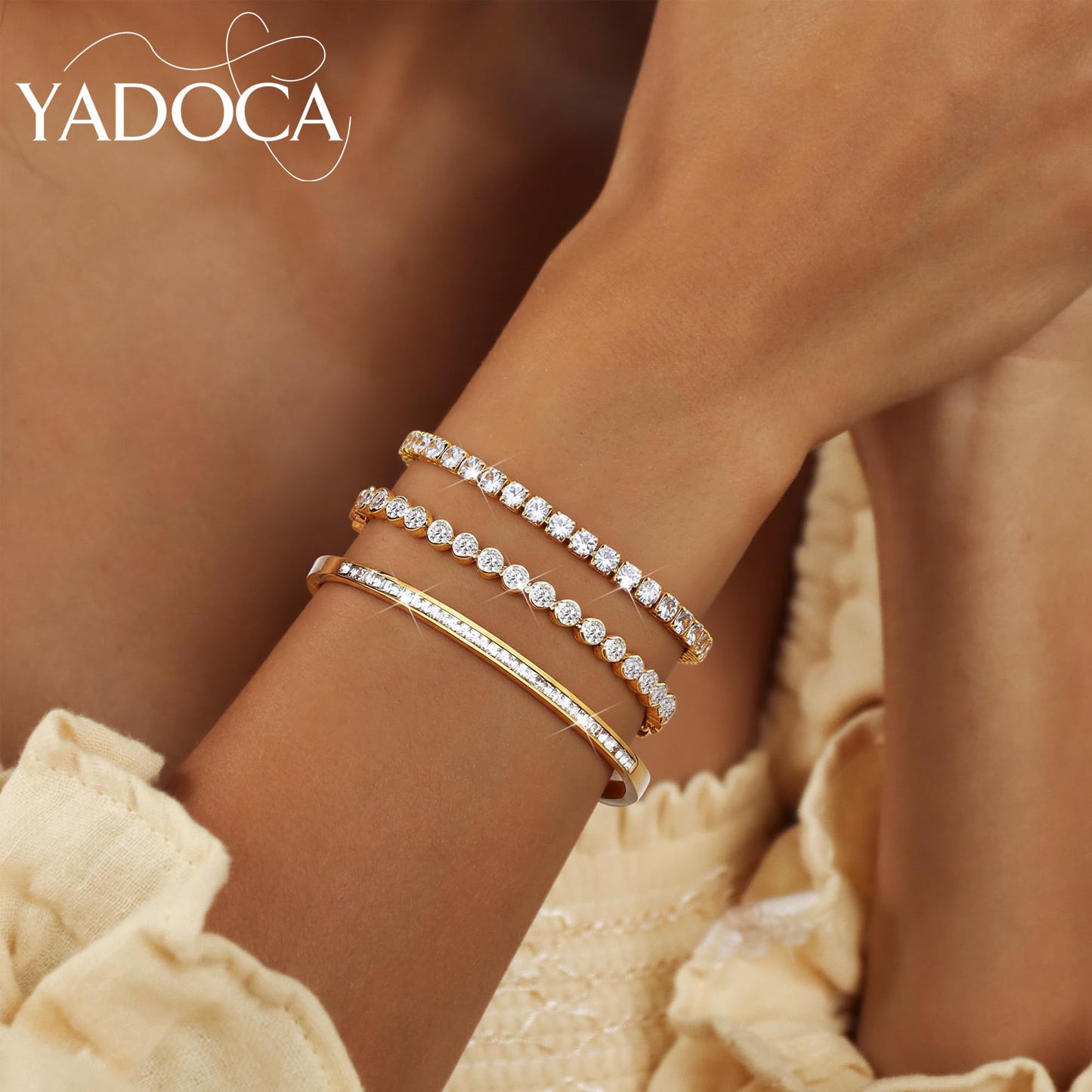 YADOCA Tennis Bracelets for Women Gold Bangle Bracelet Set 18K Gold Plated Stackable Cubic Zirconia CZ Diamond Bracelets Stack Wedding Bracelets for Brides Dainty Jewelry Gift Sizes 6.5-7.5 Inch 3Pcs