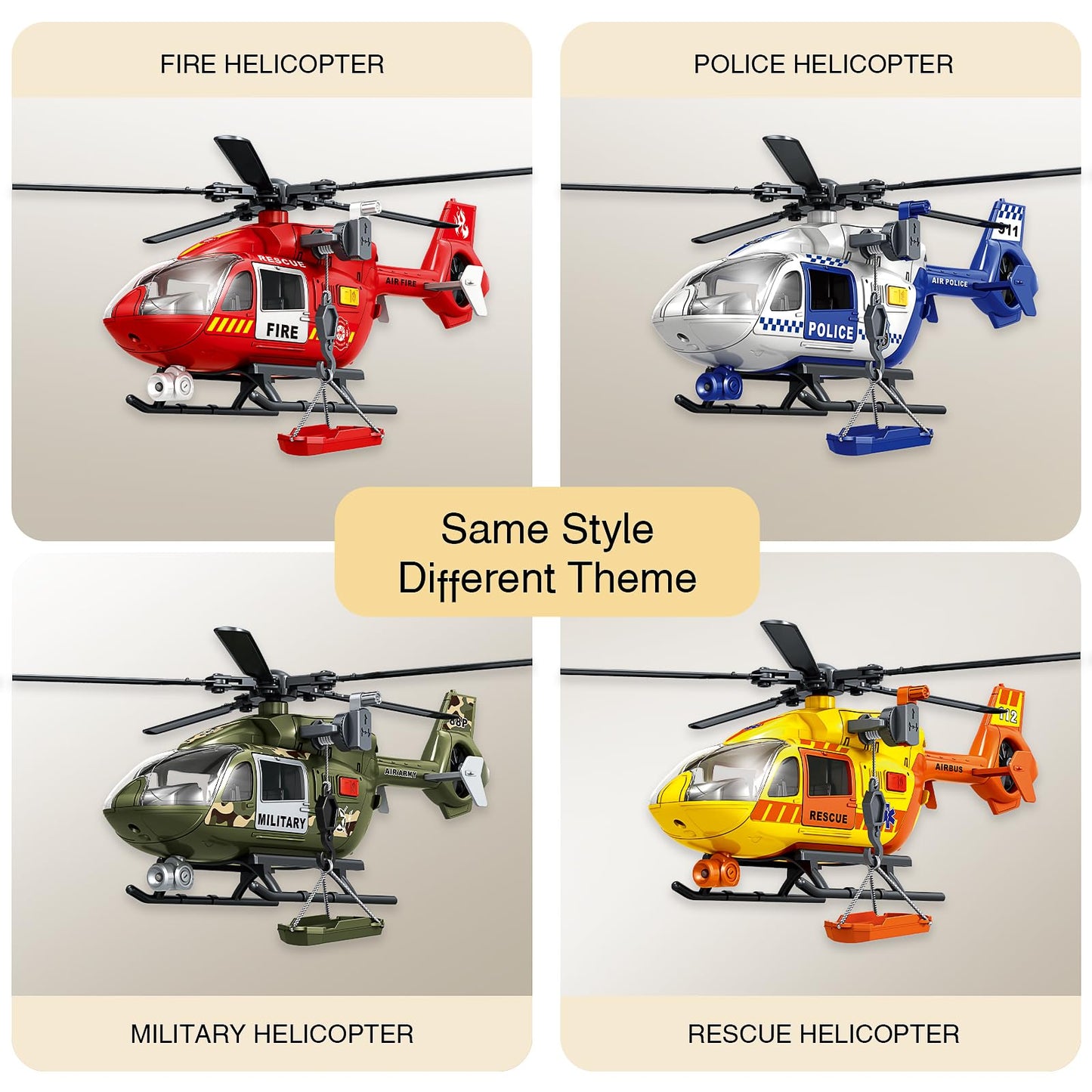 XUEXUE Large Rescue Helicopter Toy 15 Inch, Yellow Emergency Helicopter with Crane & Hanging Tray, Lights and Sounds, 112 Rescue Sign, Helicopter Toys for Kids 3-7, Birthday Gift