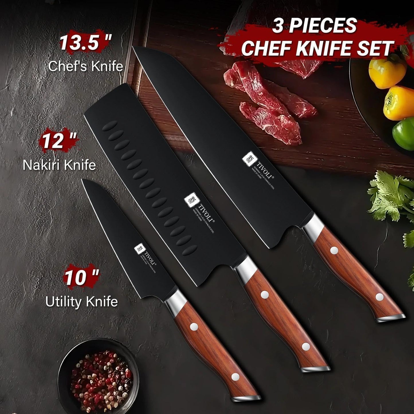 TIVOLI 3 Piece Kitchen Knife Set - High Carbon Steel Black Blade Rustproof Coating - Chef Knife Set with Ergonomic Wood Handle, Cooking Knives for Meat Vegetable Fruit, Gift Box Sharp Knives