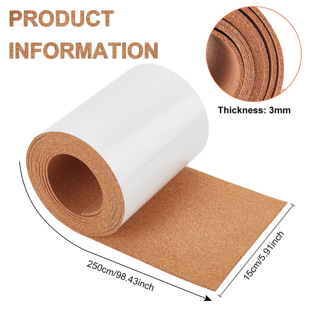 BENECREAT 98x6 Inch Self-Adhesive Cork Roll 1/8inch Thick Backed Cork Boards Mat Strong Self-Adhesive Corkboard for Wall Furnitures Party Decoration, DIY Crafts