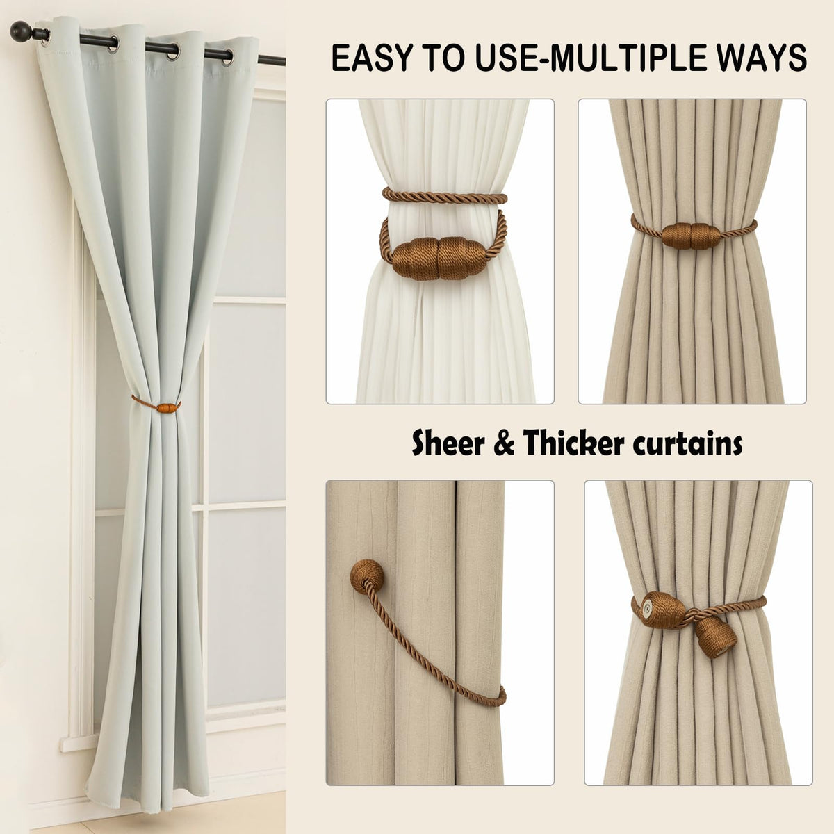 Magnetic Curtain Tiebacks Rope Curtain Tie Backs for Curtains 8 Pack Curtain Holders for Drapes Decorative Window Curtain Holdbacks (8 Count)