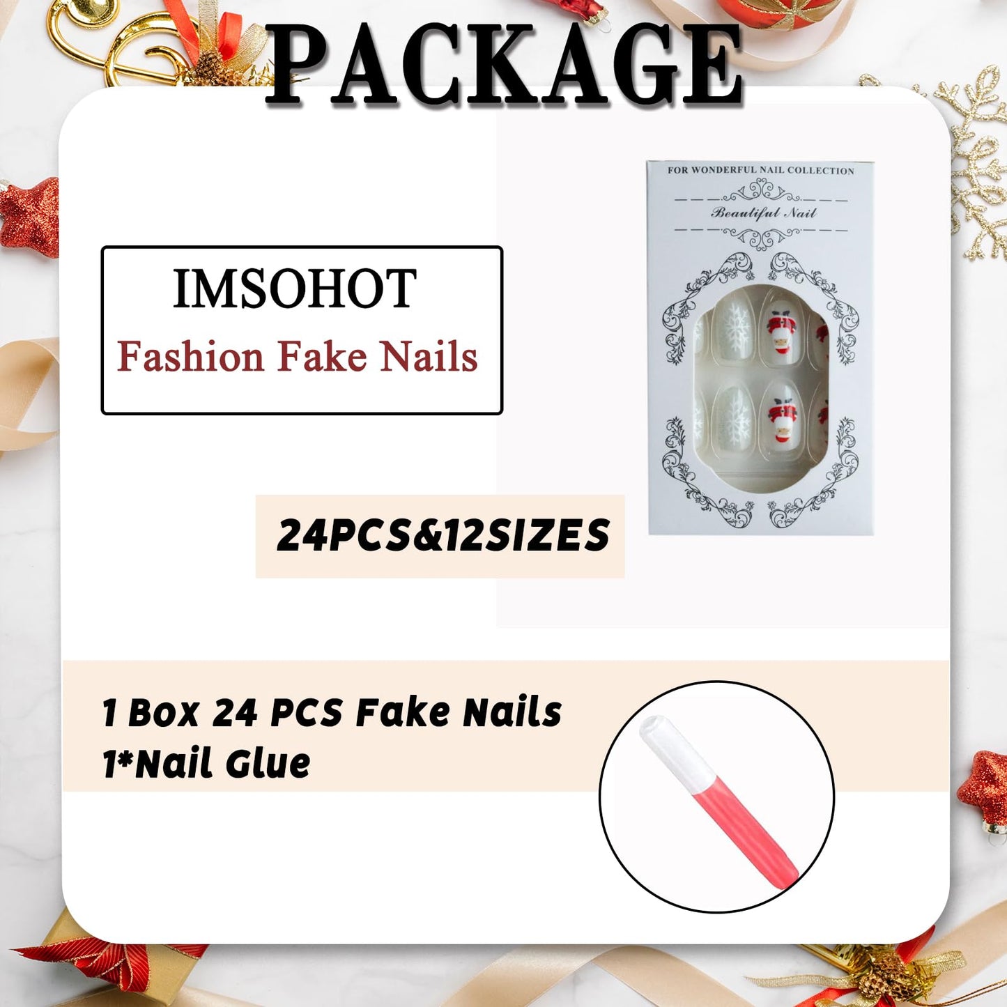 IMSOHOT Press on Nails Short Oval Fake Nails Red Green False Nails Cute Gingerbread Man, Santa Designs Round Glossy Acrylic Glue on Nails for Women Girls
