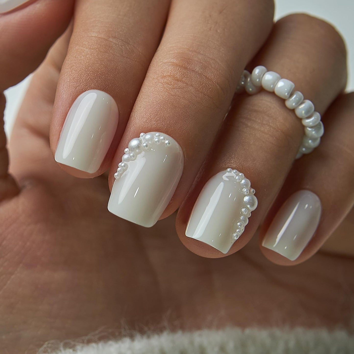 Curvlife Press On Nails Short Square White - Pearl Crescent Press on Nails with Glue, 3D Pearl French Tip Glossy False Nail Tips with Pearls for Women Wedding