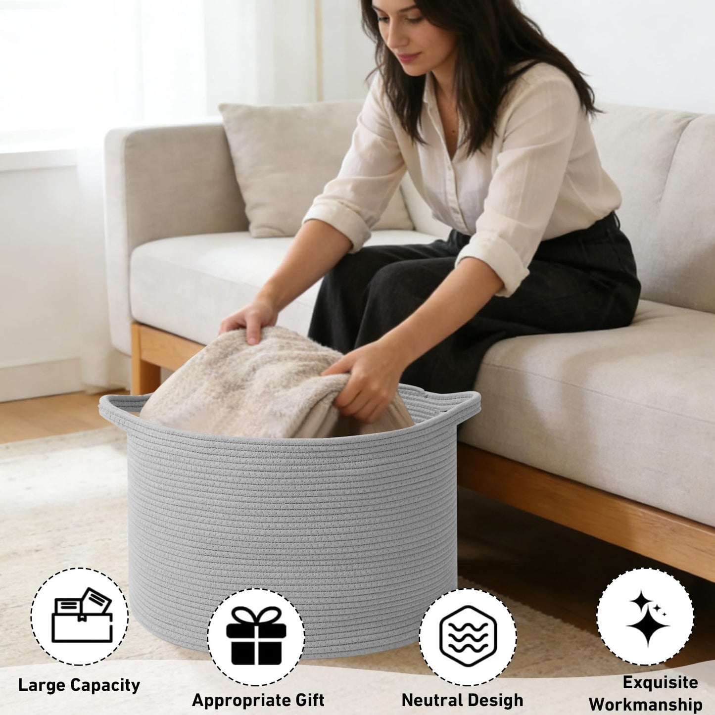 HZFTJOY 115L Extra Large Blanket Basket,Woven Rope Laundry Basket Hamper with Handles, Decorative Nursery Basket Storage Bin for Toys, Clothes Organizer, Living Room, Bedroom, Bathroom, Light Grey