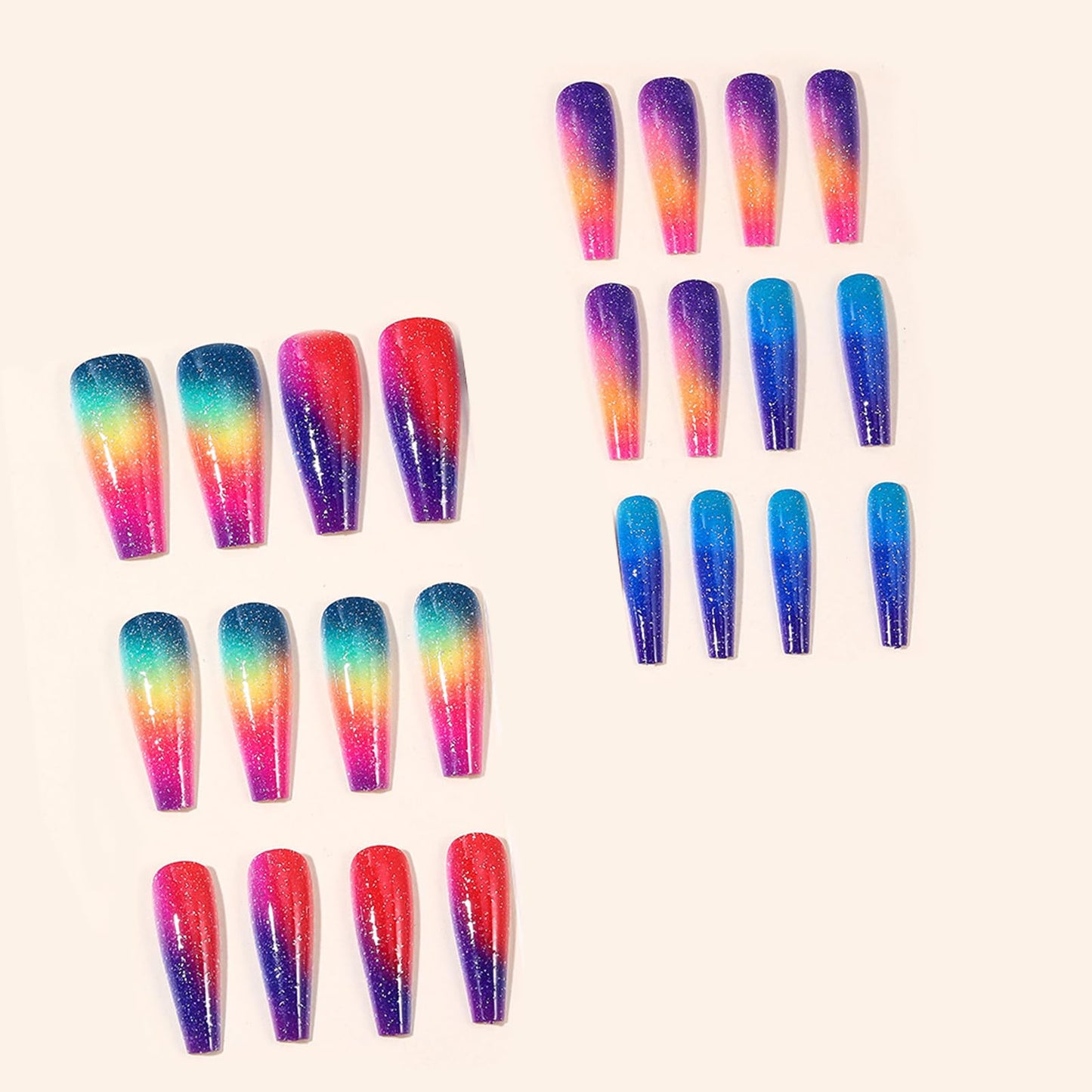 IMSOHOT Long Press on Nails Colorful Coffin Fake Nails Rainbow Ombre Glossy Glue on Nails Full Cover Cute Ballerina Acrylic False Nails for Women 24Pcs