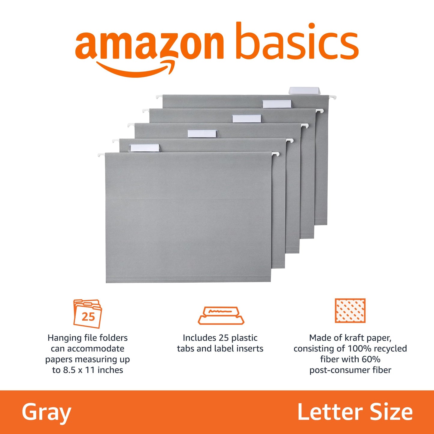 Amazon Basics Hanging File Folders with Adjustable Tabs for Document Organization, Letter Size, Gray, 25-Pack