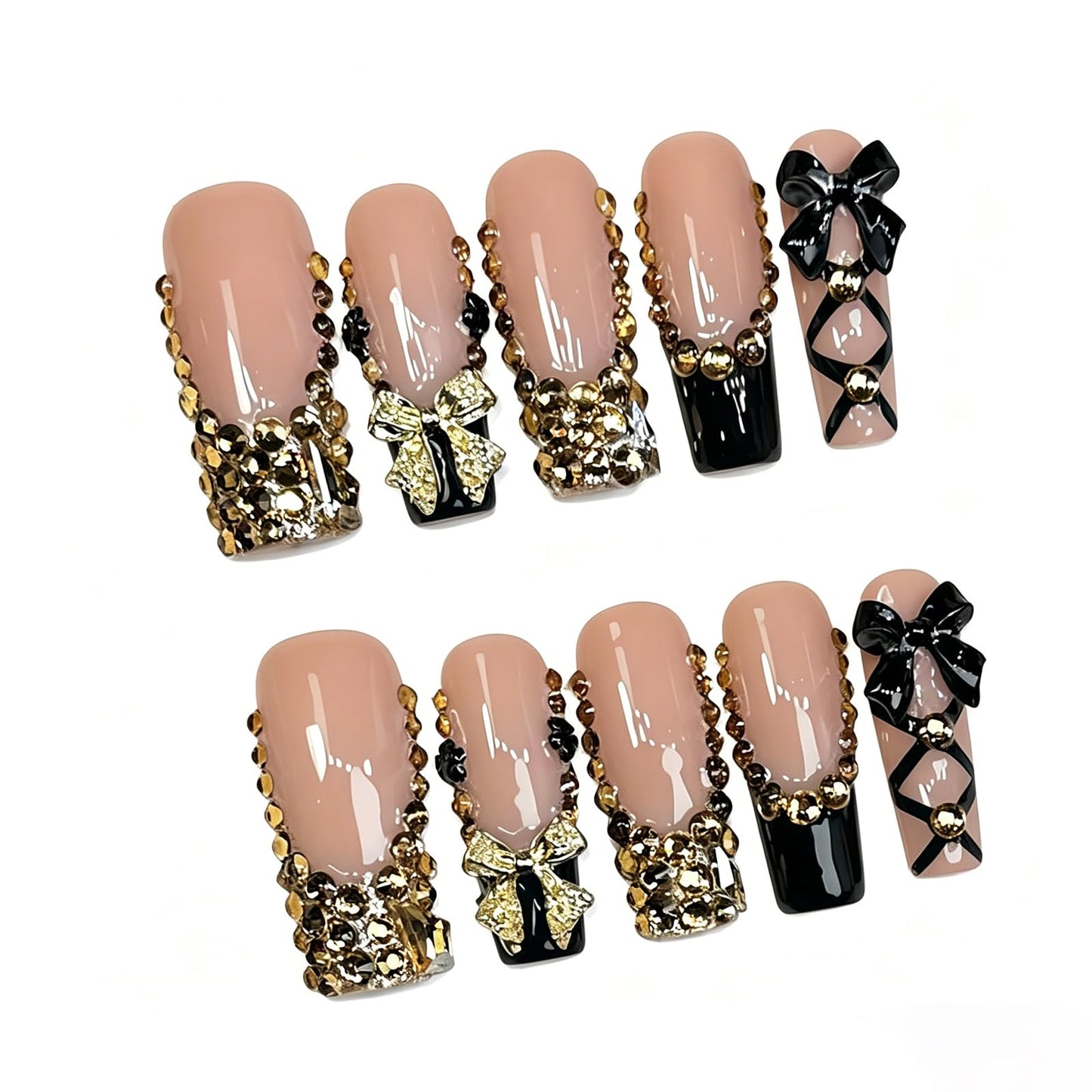 Handmade Press on Nails Long Square - Gothic Coquette Black Bows & Gold Rhinestone Fake Nails, Luxury Balletcore Lace-up False Nails, 10 Pcs for Women (Size M)