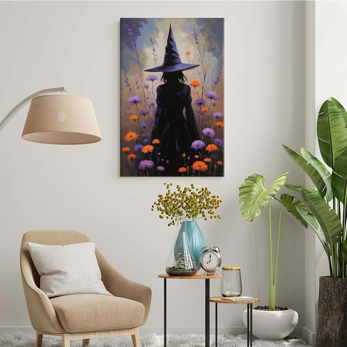 Country wildflower witch canvas print halloween mashup art witch purple decoration bohemian elegant art poster12x16in Wood Framed
