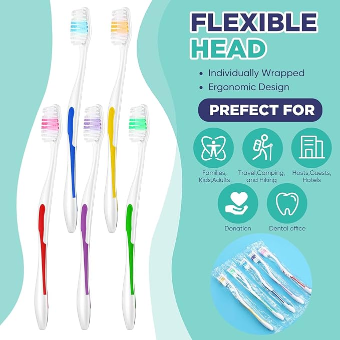 Chengu 150 Pack Individually Wrapped Bulk Toothbrush Disposable Travel Colorful Soft Bristle Ergonomics Handle Toothbrush for Travel, Hotel, Donation,Homeless