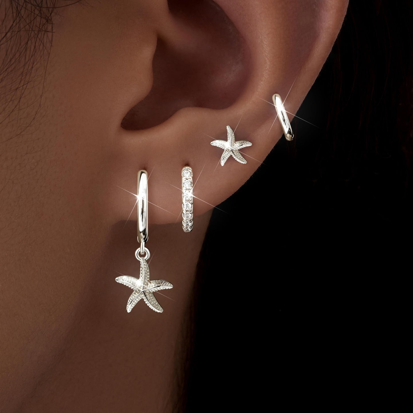 Starfish Earrings Set for Women, Silver Starfish Dangle Stud Hoop Earring Set for Multiple Piercing, Summer Beach Jewelry, Essential for Holiday Earrings