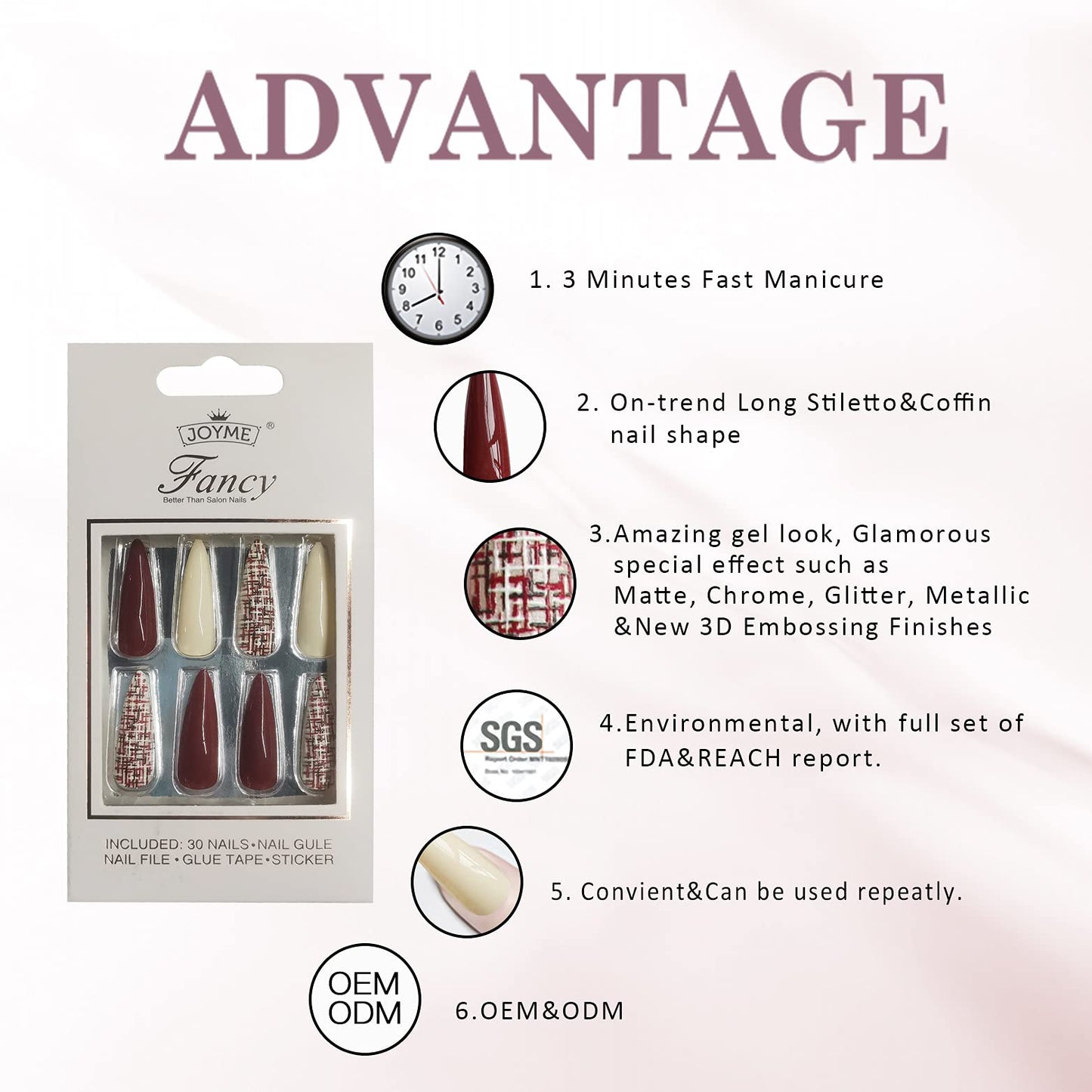Solid Color Long Pointed Press on Nails, 30 PCS Fashion Glossy False Nails Fake Nails with 3D Embossing Plaid Designs,Full Cover Stick on Nails for Women Girls (Milk White+Red)