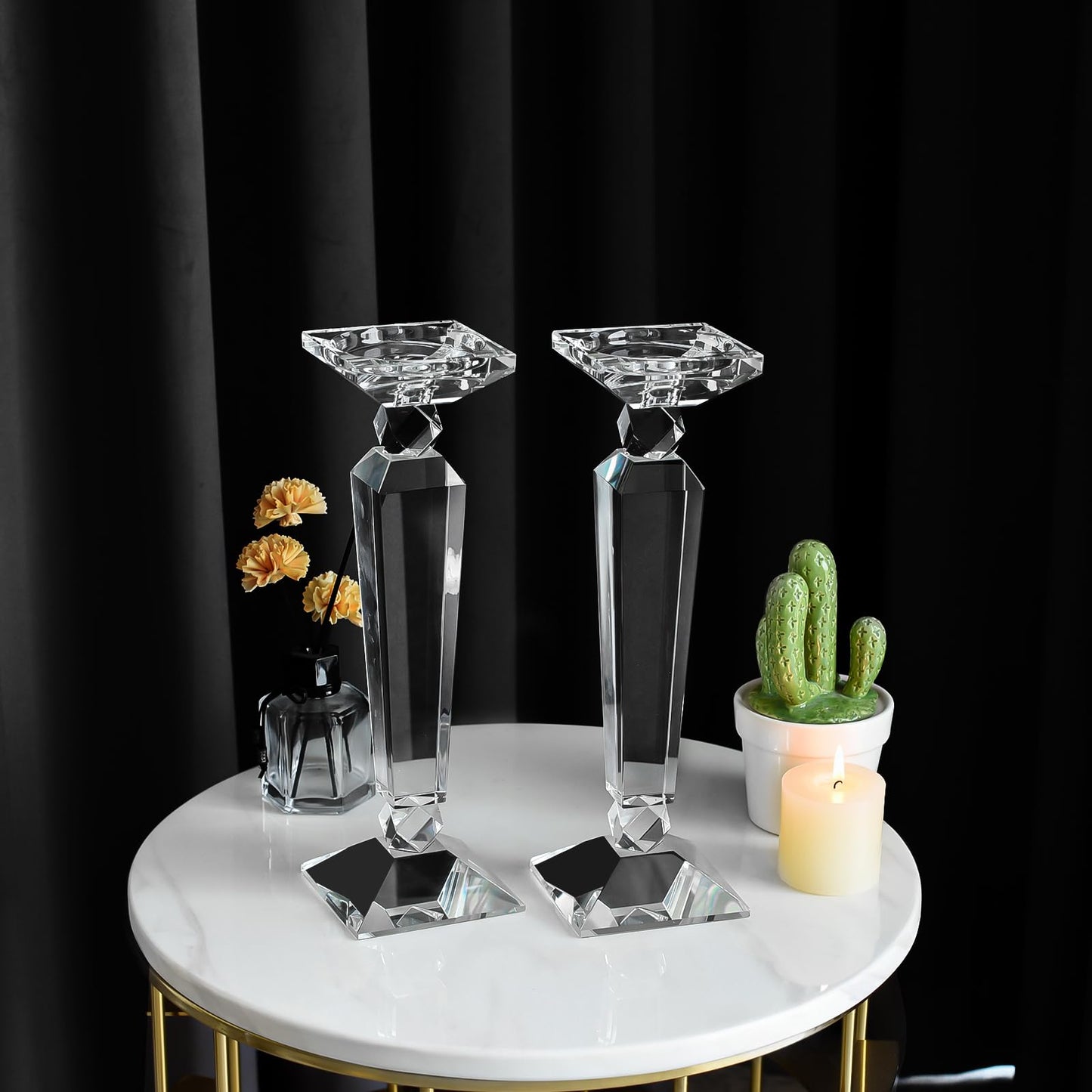 Crystal Candle Holders Set of 2,Crystal Taper/Pillar Candlestick Holders,Ultra Elegant & Modern Centerpiece Home Décor,Wedding(12inch Tall)