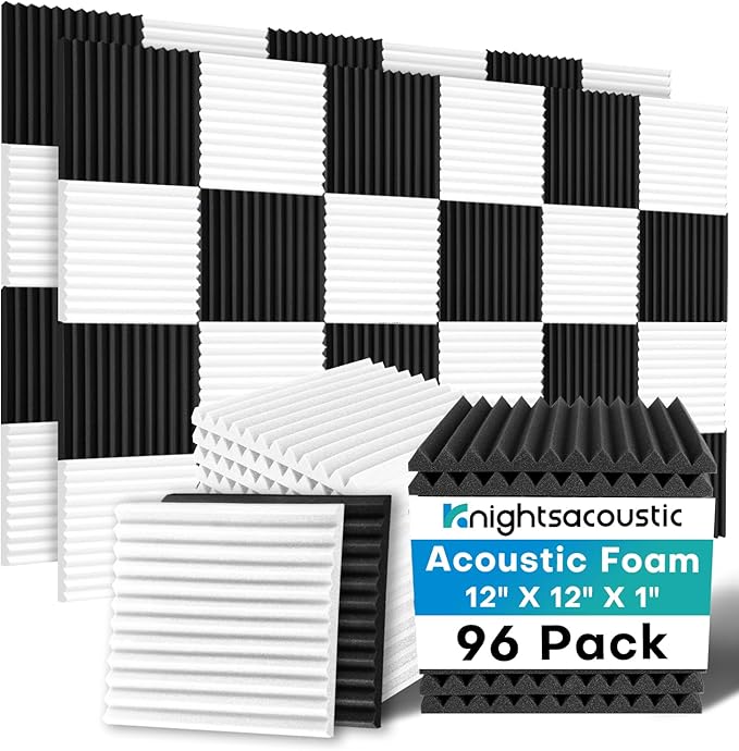96 Pack Sound Proof Foam Panels for Walls, 1 X 12 X 12 Inches Acoustic Foam Panels, High Density Acoustic Panels Sound Absorbing, Black White Noise Cancelling Studio Wedges (NOT INCLUDE ADHESIVE)
