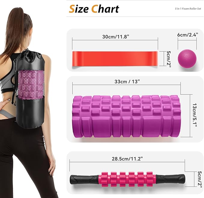 5 in1 Foam Roller Set, Trigger Point Foam Roller, Massage Roller Stick, Massage Ball, Resistance Band for Deep Muscle Massage Pilates Yoga,Fitness Exercise for Whole Body (Pink-Black)