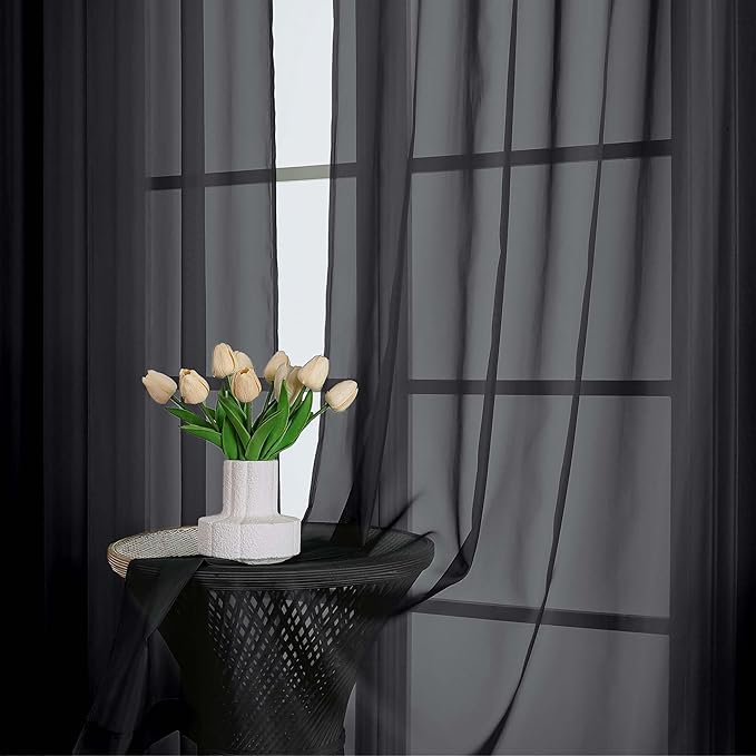 Lecloud Black Sheer Curtains 63 Inch Length 2 Panels, Voile Light Filtering Living Room Curtains for Bedroom, Rod Pockets Solid Soft Drapes for Bathroom Home Office, Each Panel 59" W x 63" L