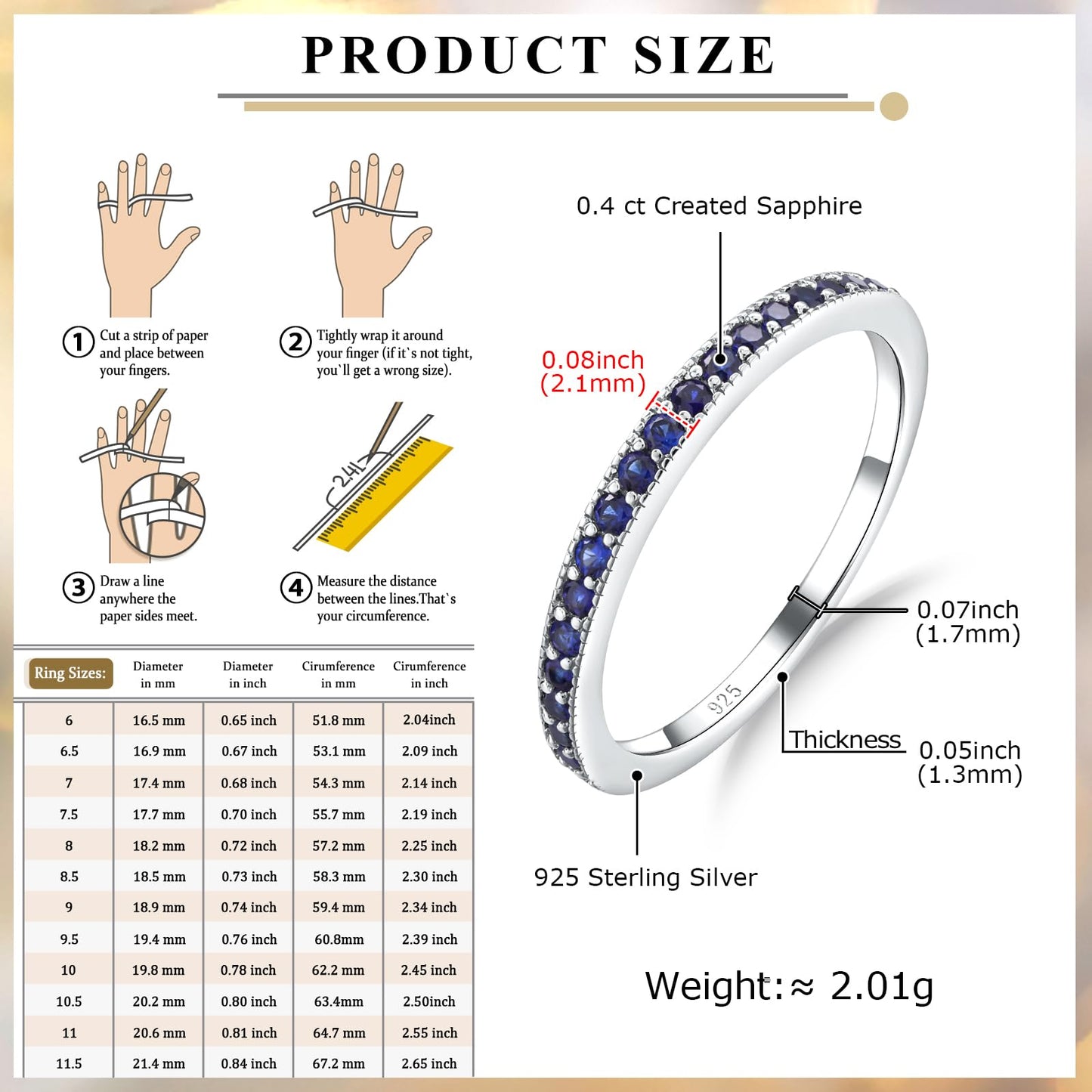 AGRULE Sapphire Eternity Band Stackable Wedding Rings for Men Women Sterling Silver Polished Finish September Birthstone Rings Saphire Ring Size 6