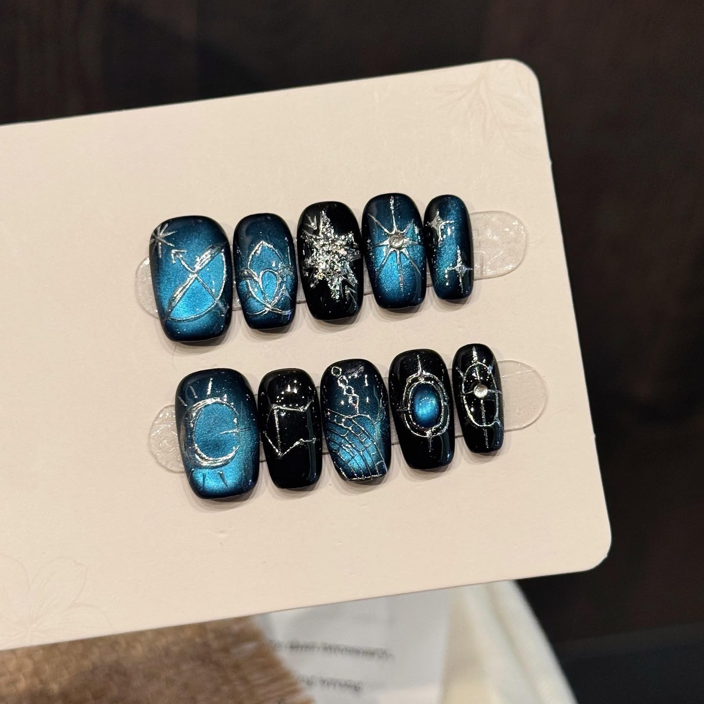Yacey Blue Galaxy Handmade Press on Nails, Medium Square Reusable False Nails Press Ons, Luxury Hand-Painted Cat Eyes Thick Acrylic Fake Nails, 3D Bling Glue on Nails for Women Girls (10 Pcs, M)