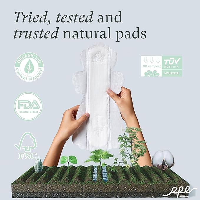 100% Organic Overnight Pads for Women, Ultra Thin Extra Heavy Flow Sanitary Pads with Wings Cotton Menstrual Pad Extra Coverage Period Pad Super Absorbency Feminine (Overnight, Size 5, 12 Ct)
