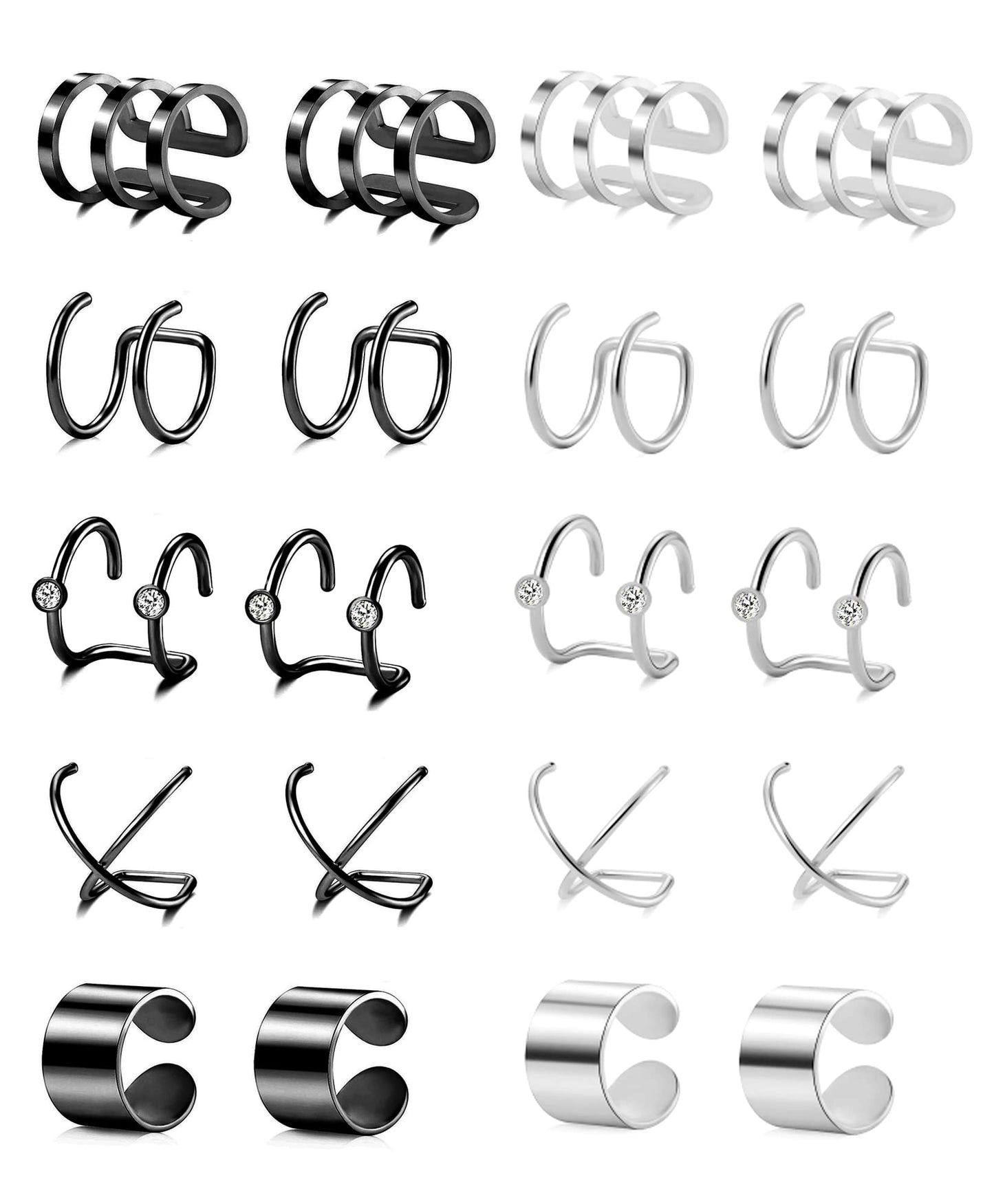 Tornito 4-10 Pairs Stainless Steel Ear Cuff Helix Cartilage Clip On Wrap Earrings Fake Nose Ring Non-Piercing Adjustable (F1:10 Pairs, Silver&Black Tone)