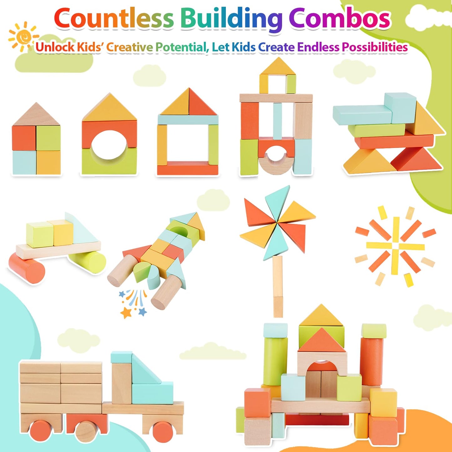 FCSONU Wooden Building Blocks for Toddlers 1-3, 100 Pcs Wood Blocks Set - Sorting & Stacking Toys with Storage and Lid, Kid Montessori Toys Ages 2+, Christmas 1st Birthday Gifts for Boys Girls Baby
