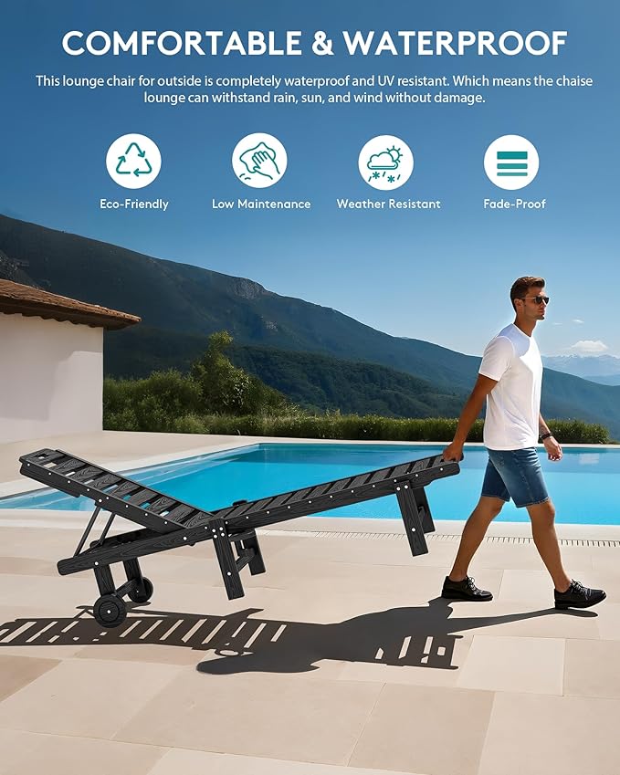 SERWALL Outdoor Chaise Lounge Set of 6, HDPE Pool Lounge Chair with 5-Position Adjustable Backrest, Patio Lounger with Rolling Wheels & Cup Holder for Pool, Black