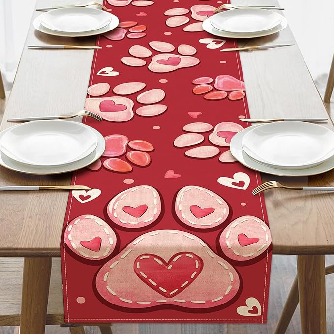 Croar Valentines Day Dog Cat Paw Prints Table Runner