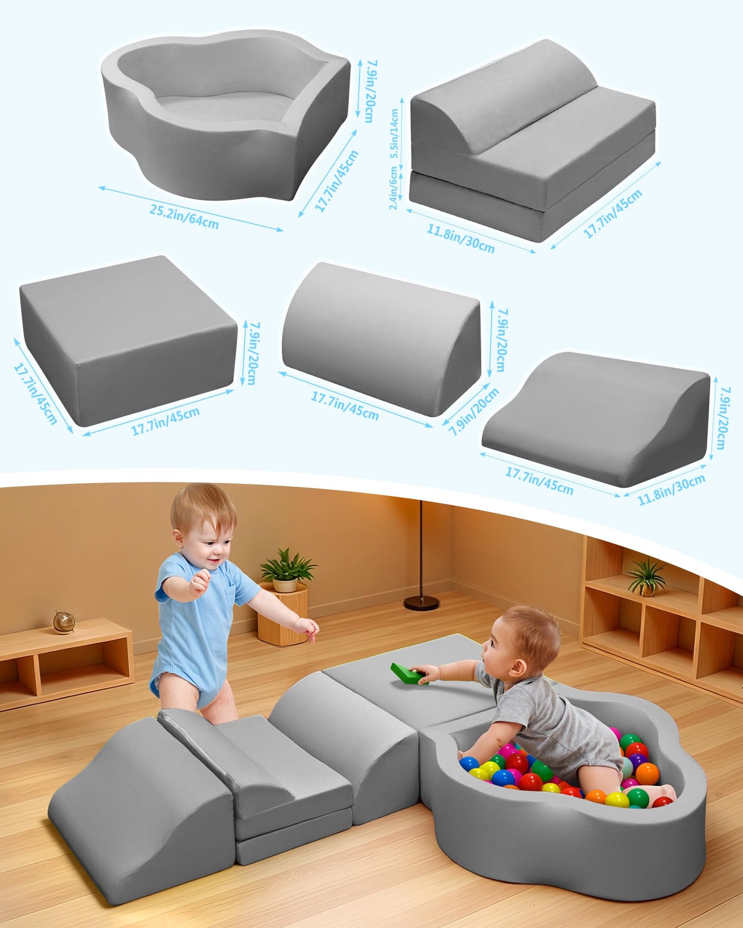 Markdang Soft Play Set, Baby Foam Climbing Blocks with Anti-Slip Particles Bottom & Velcro Connectors for Toddlers 6-12 Months, High-Density Foam & Washable Cover for Motor Skills Development (Grey)