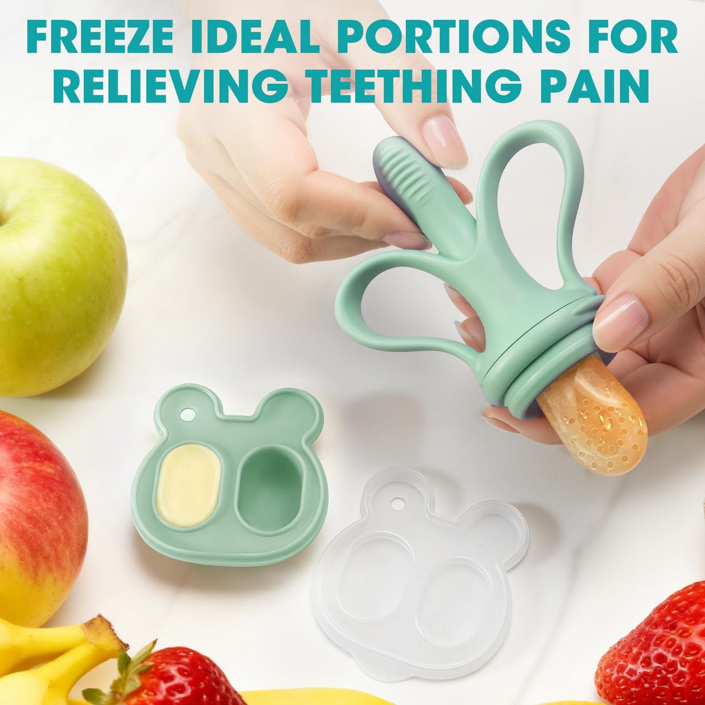JEXFUN Baby Fruit Feeder & Breastmilk Popsicle Mold Set, Silicone Food Feeder Pacifier for Cooling Relief with 3 Replaceable Pouches, BPA-Free Teething Toy for Safe Infant Self Feeding (Pea Green)
