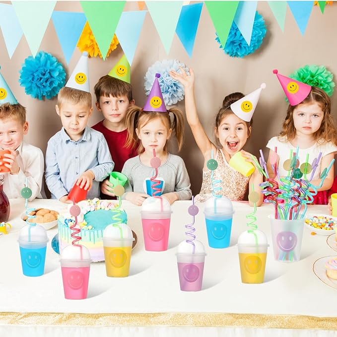 Yaomiao Smile Face Sipper Cups with Straws and Lids, 12 oz Clear Plastic Cups Happy Face Party Cups with Dome Lids Happy Party Favors for Kids, Tea, Coffee, Smoothie, Cold Drinks(32 Pack)
