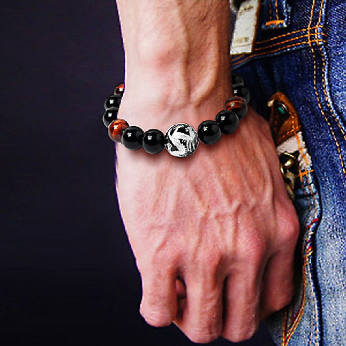 16mm Silver Dragon Pattern Tiger Eye Stone Bold Wrist Bracelets | Elegant Design Natural Lava Rock Black Beads Bracelets for Men | Charming Black Crystal Men's Bracelet Beads Set for Layered Looks