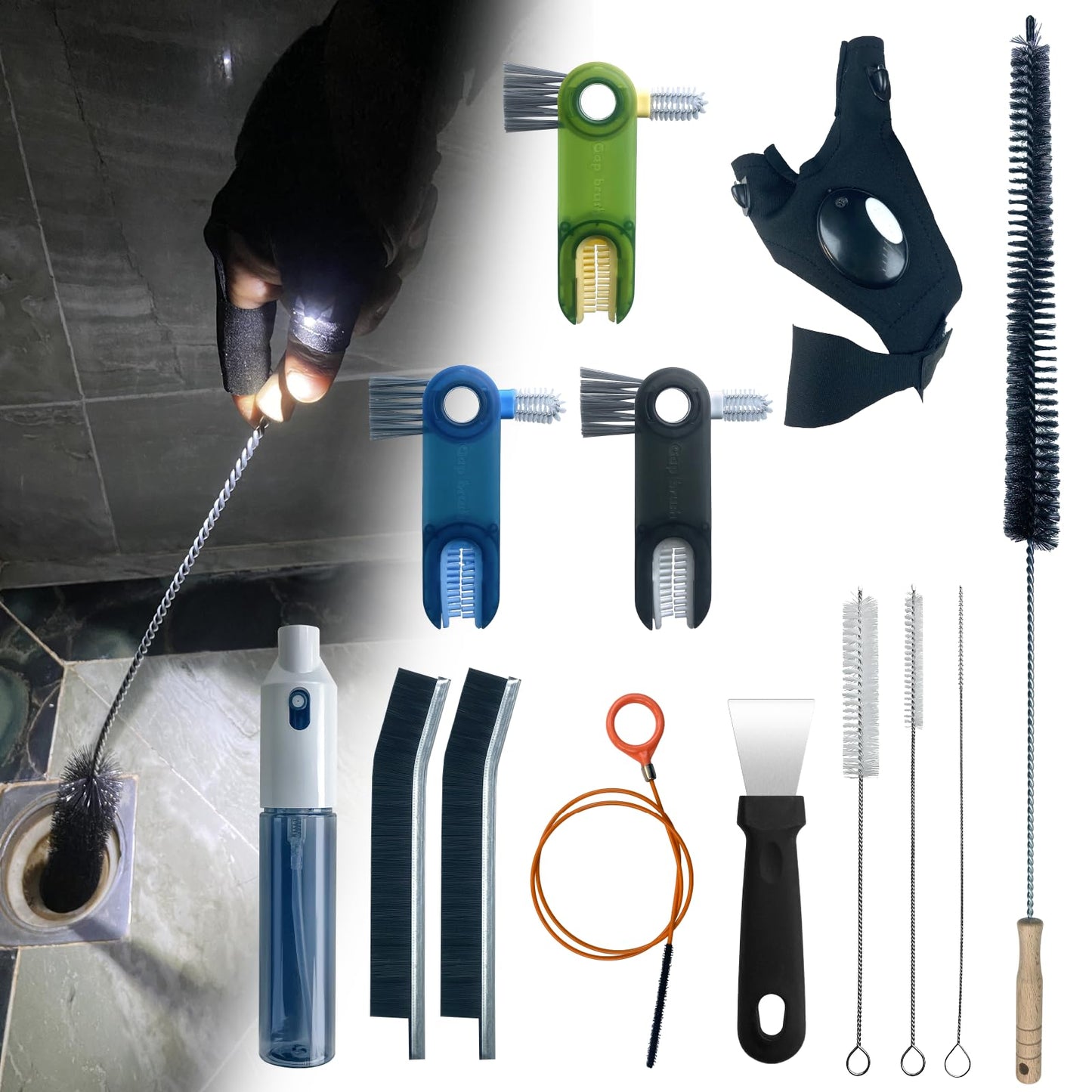 13Pcs Deep Crevice Cleaning Brush Set with Flashlight Gloves & Drain Brush - Dryer Vent Cup Lid Straw Gap Cleaning Tools Professional Cleaning Supplies