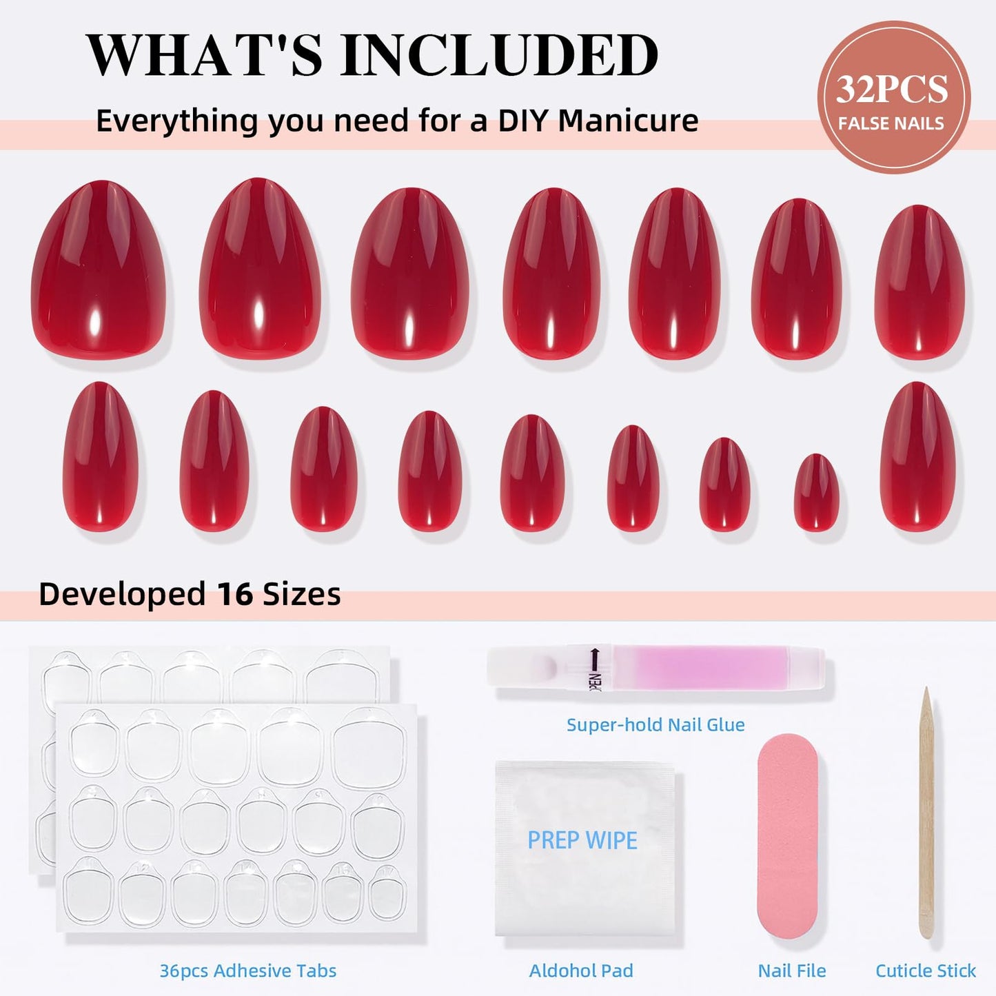 Sifvoo Red Press On Nails Short Almond, Glossy Reusable Press On Nails for Women, 32 Count 16 Sizes Nail Kit with Glue (SV-03)