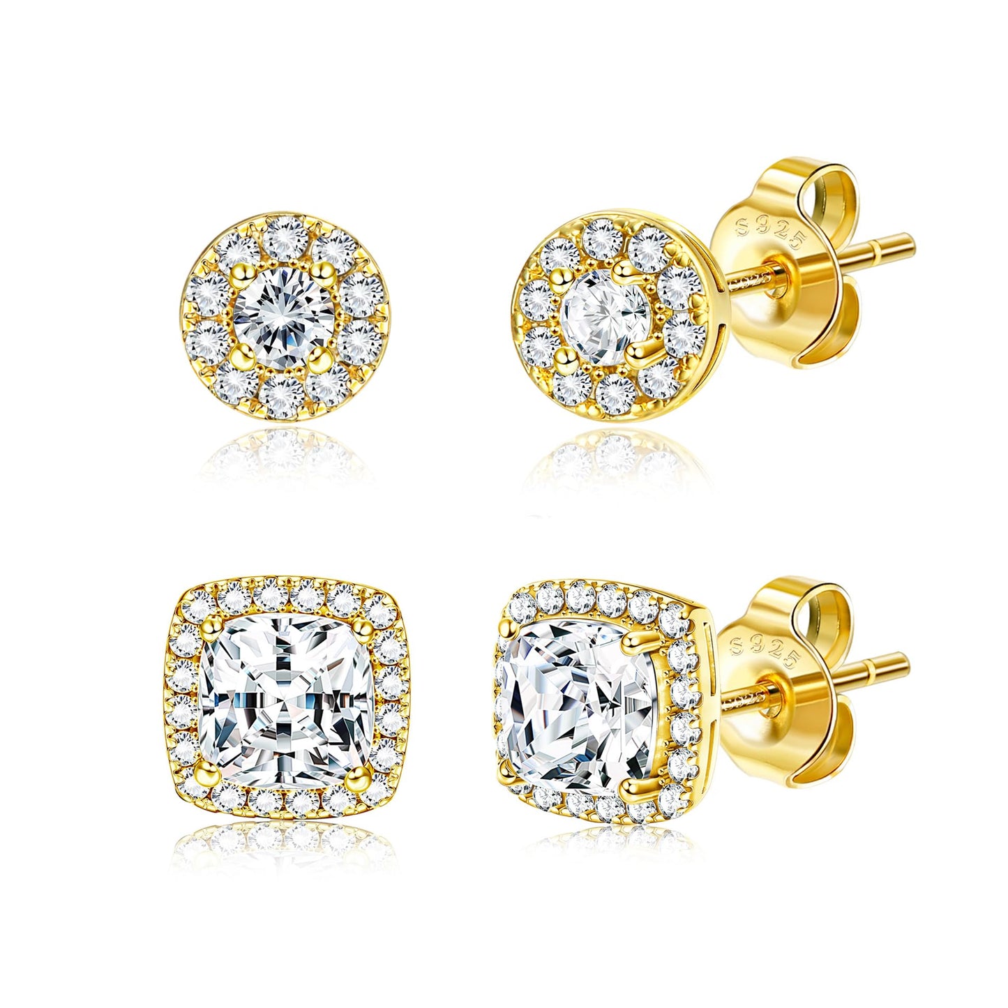 Hayoso Cubic Zirconia Stud Earrings for Women Men Sterling Silver Earring Post Hypoallergenic 14k Gold Plated Round&Square Earrings Gold2