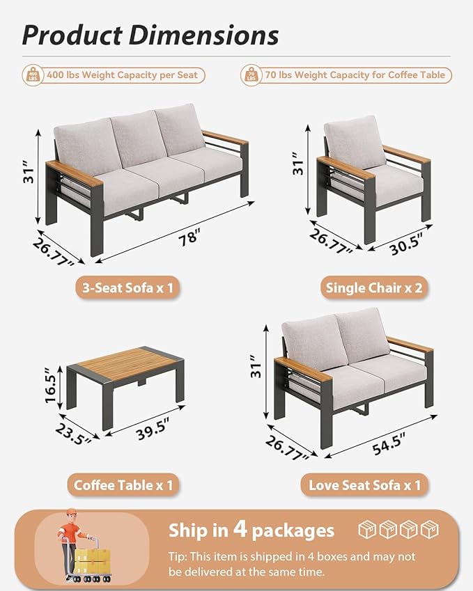 Aoxun Aluminum Outdoor Patio Furniture Set, 7 Seats Outdoor Sectional with Coffee Table, Patio Conversation Sets with Upgraded Armrests and Cushions for Backyard, Garden and Poolside