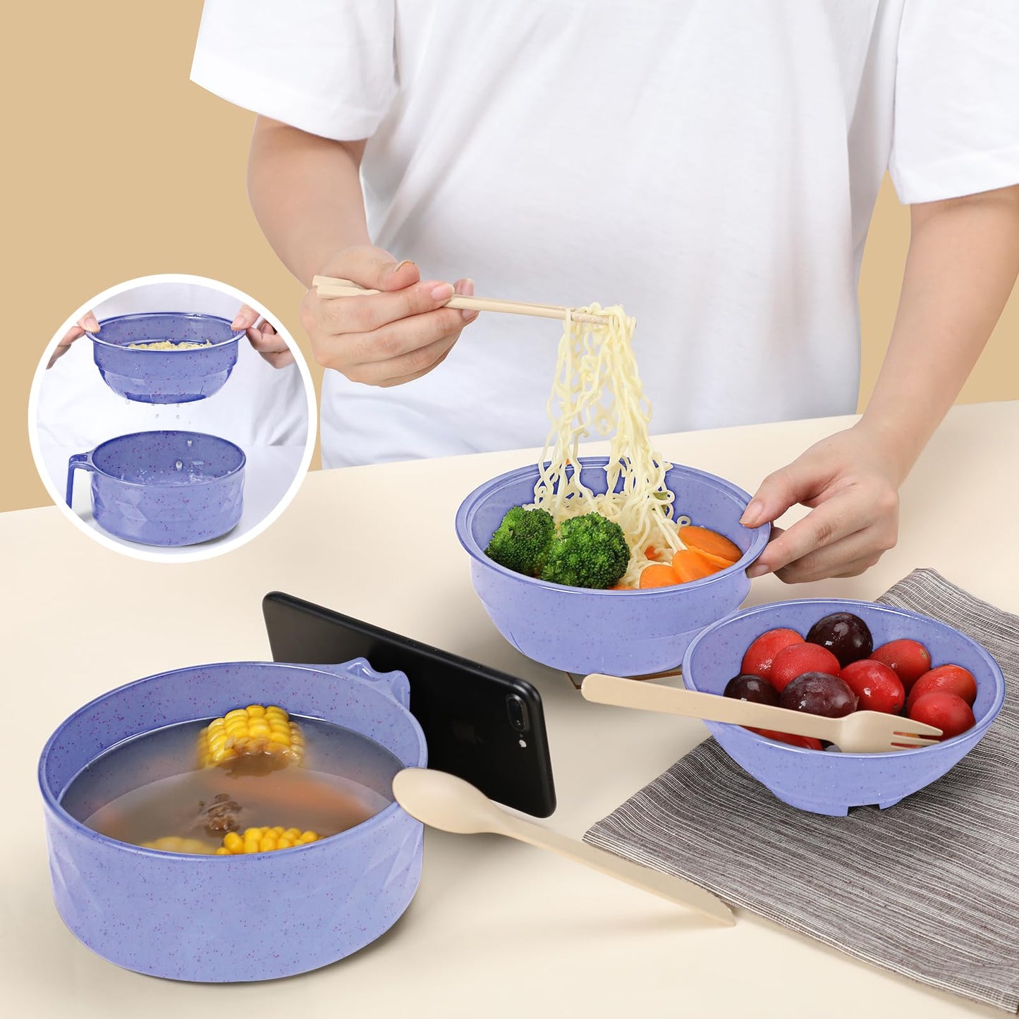 RORBAM Microwave Ramen Cooker,Ramen Bowl Set,Microwave Noodle Bowl With Chopsticks and Spoon, College Dorm Room Essentials for Girls for Boys, Apartment Essentials, BPA-Free. (light purple)