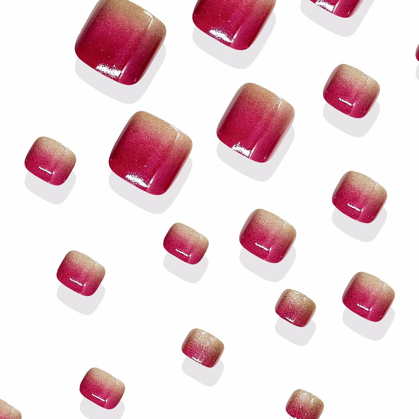 MISUD Toe Press on Nails - Fake Toenails with Hot Pink Ombre, Acrylic Toenail Bling Cat Eye Design 24 pcs