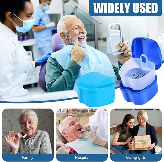 3 Pack Colors Denture Bath Case Cup Box Holder Storage Soak Container with Strainer Basket for Travel Cleaning (Blue, Light Blue, Purple)